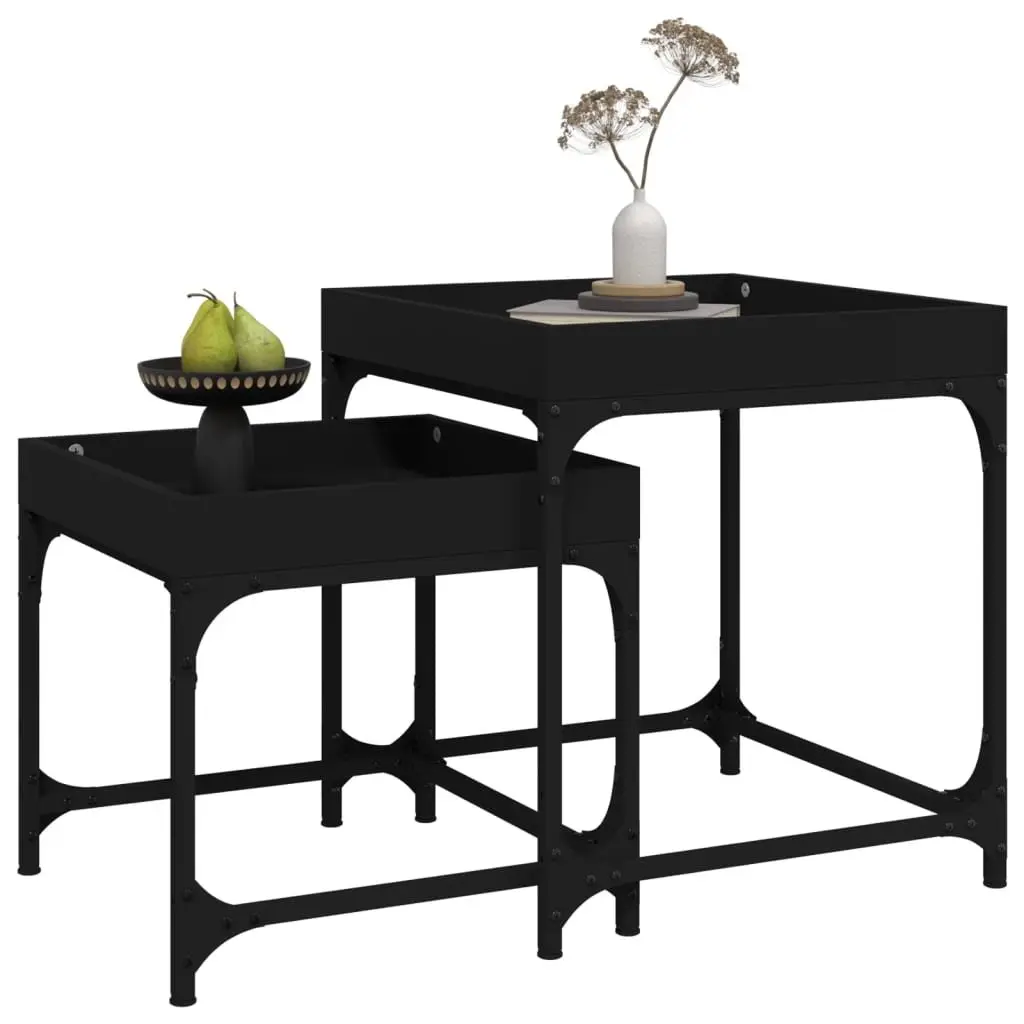 Side Tables Black Engineered Wood Steel Frame 2 Piece Coffee Accent Table Set