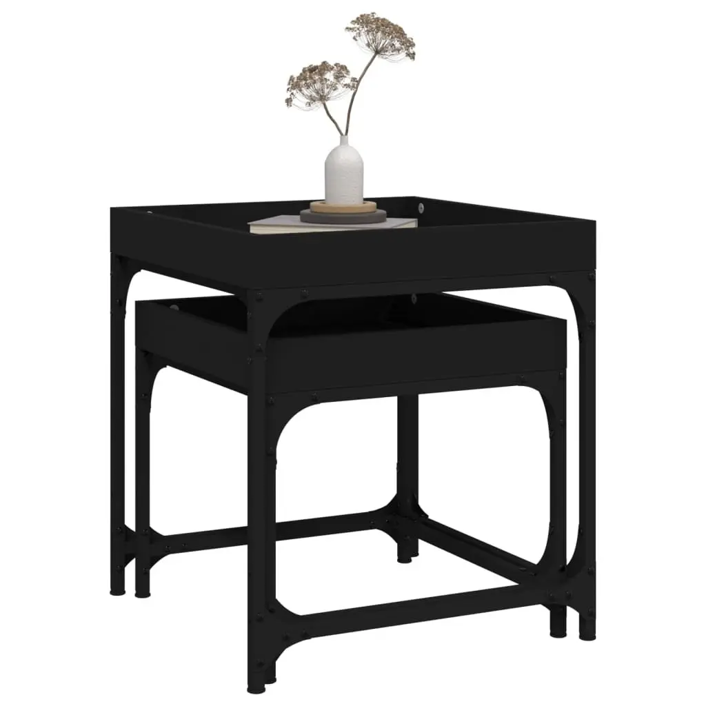 Side Tables Black Engineered Wood Steel Frame 2 Piece Coffee Accent Table Set