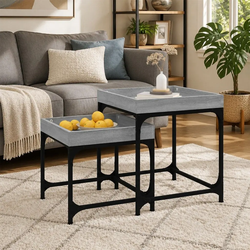 Grey Side Tables Set of 2 with Storage Surface