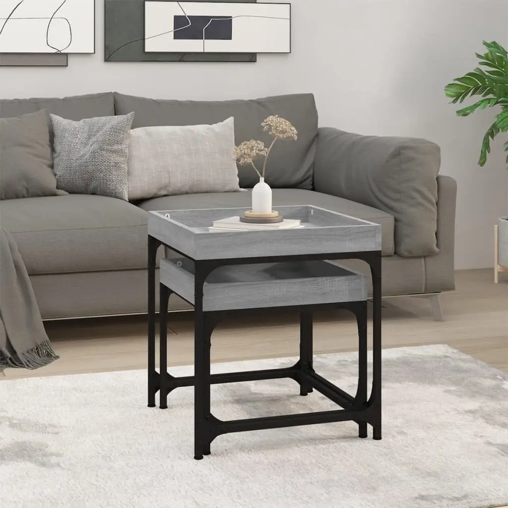 Grey Side Tables Set of 2 with Storage Surface