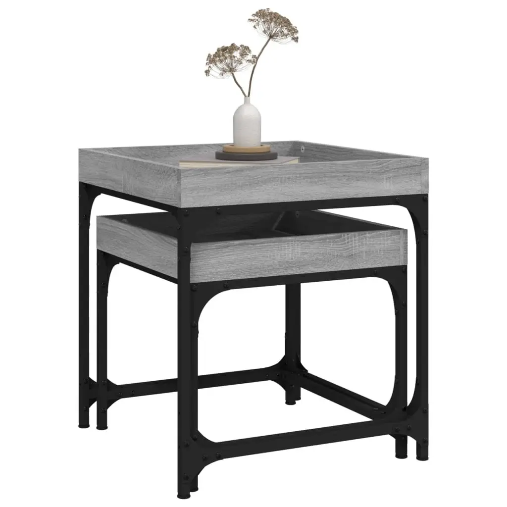 Grey Side Tables Set of 2 with Storage Surface