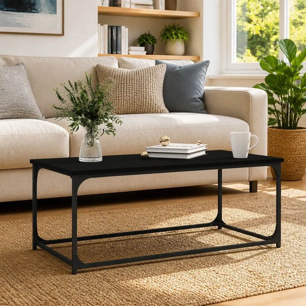 Coffee Table Black Engineered Wood Iron Frame 102W x 50D x 40H cm