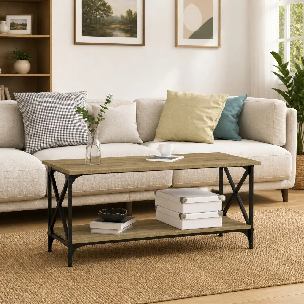 Coffee Table Living Room Accent Furniture 100cm Black Engineered Wood Iron Frame