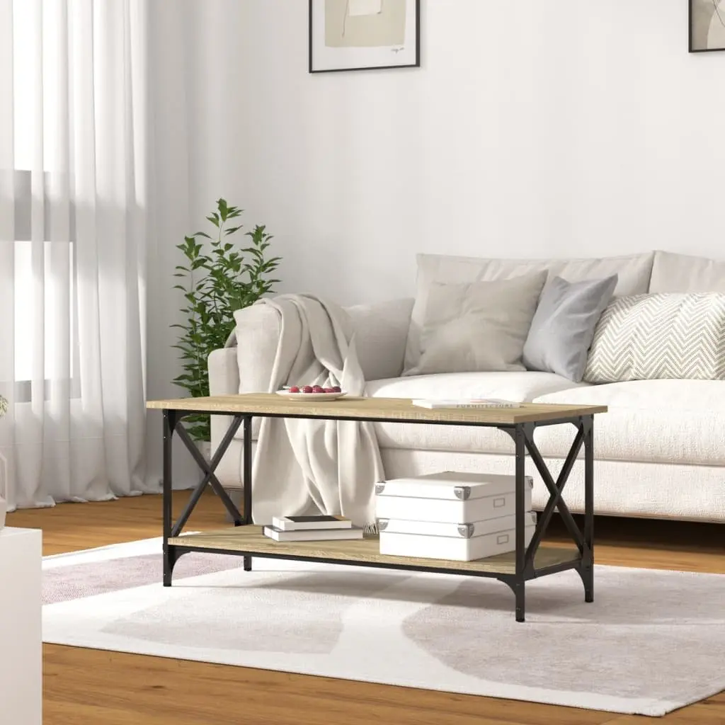 Coffee Table Open Shelf 100 x 45 x 45 cm Brown Engineered Wood Iron Frame Living Room Accent