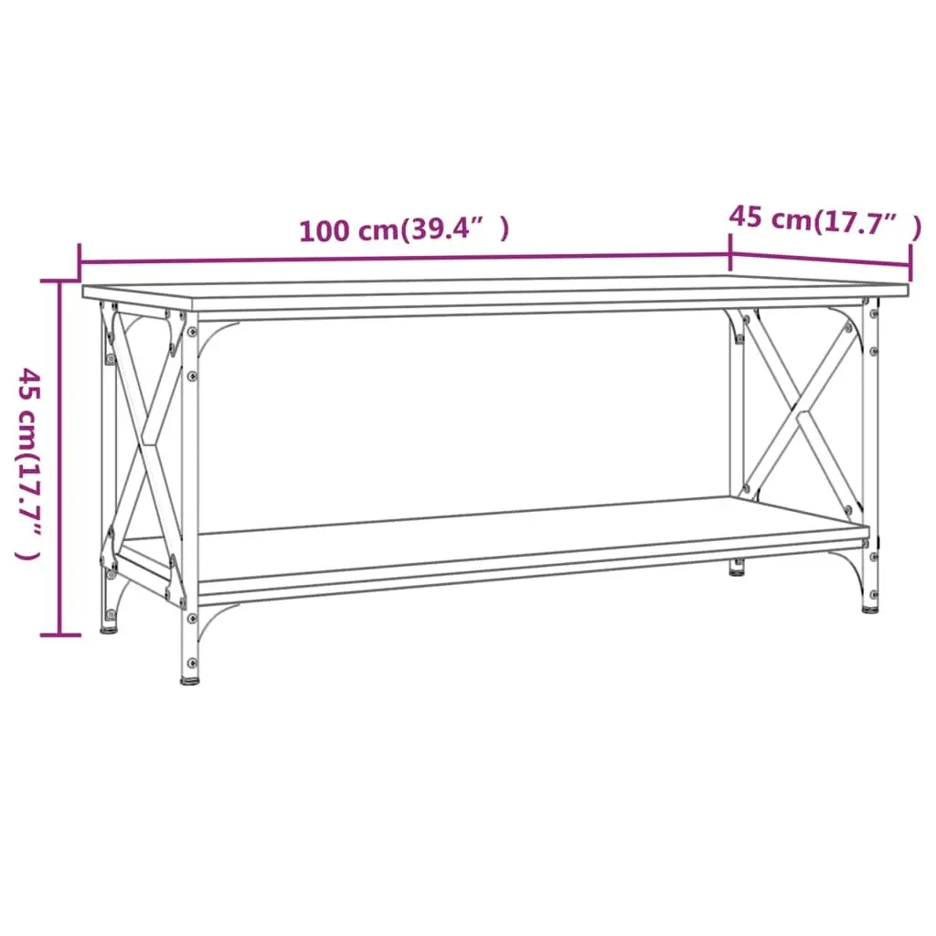 Coffee Table Open Shelf 100 x 45 x 45 cm Brown Engineered Wood Iron Frame Living Room Accent