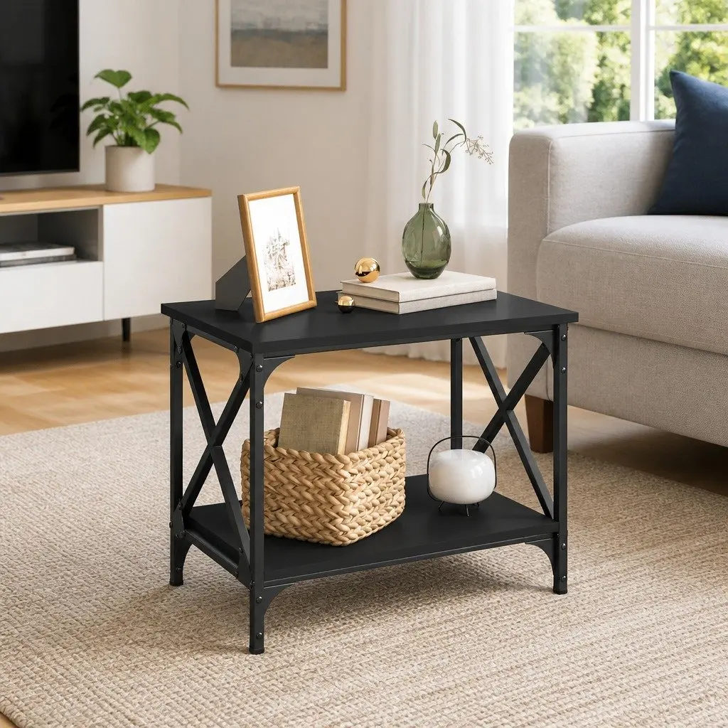 Side Table Black Coffee Table Open Shelf Storage Accent Furniture Living Room