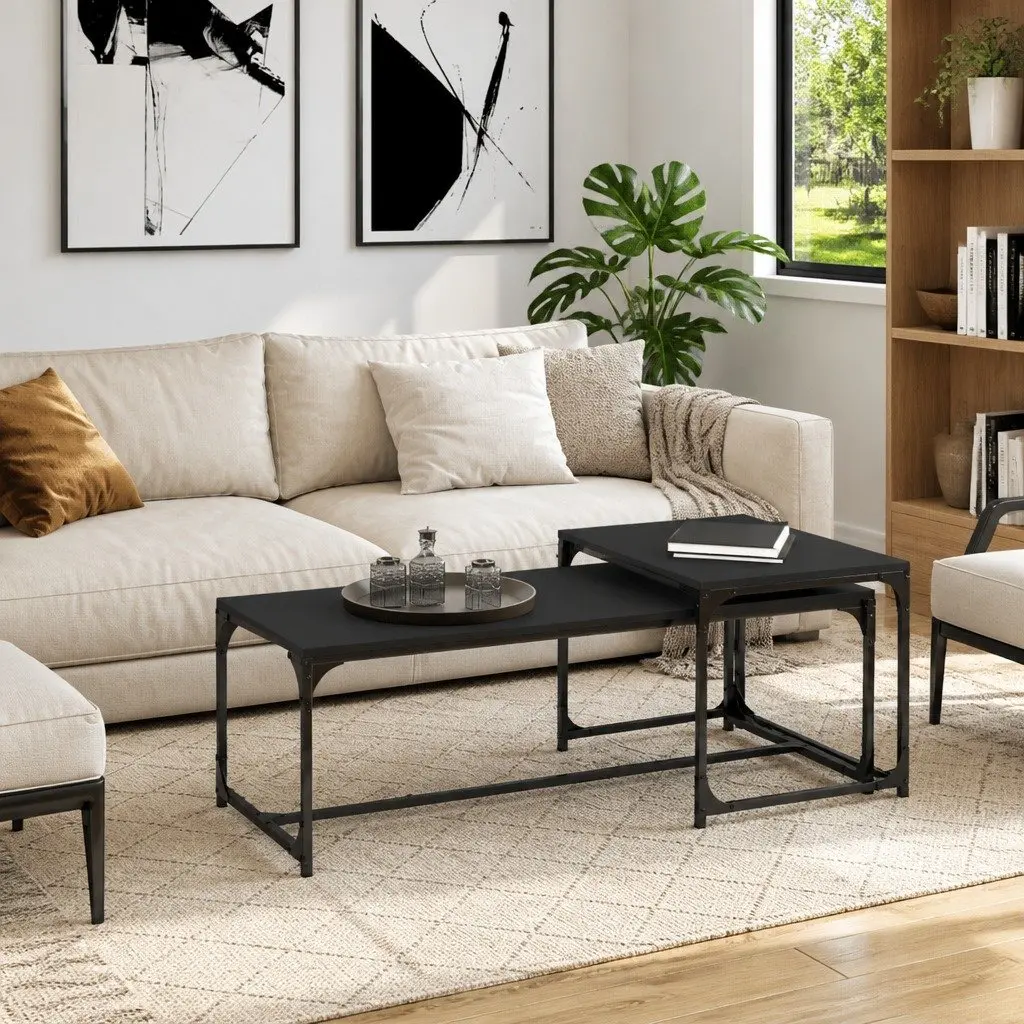 Coffee Tables Industrial Storage 2 pcs Black Steel Frame Adjustable Legs