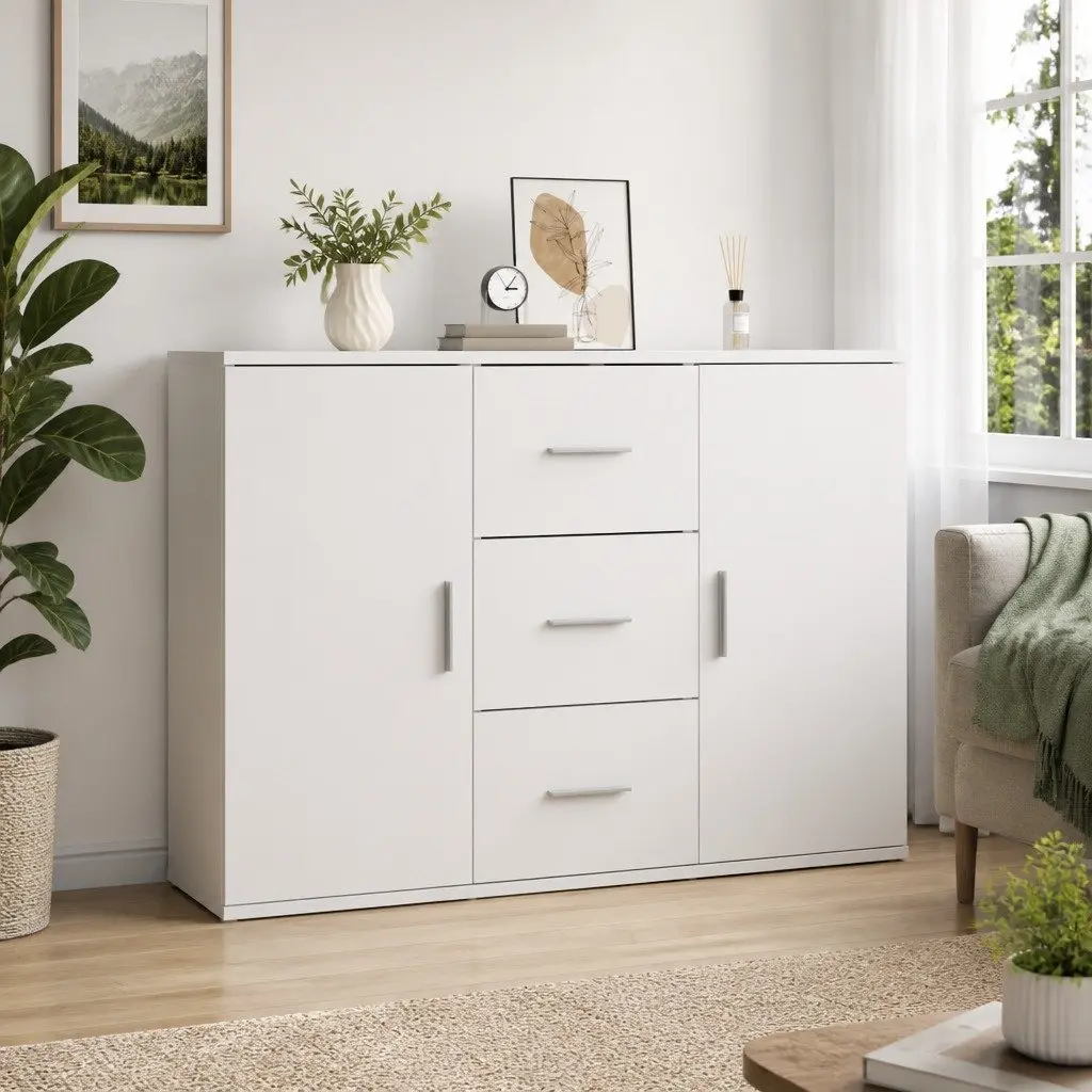 Sideboard Storage Cabinet White Engineered Wood 91x29.5x65cm 2 Doors 3 Drawers