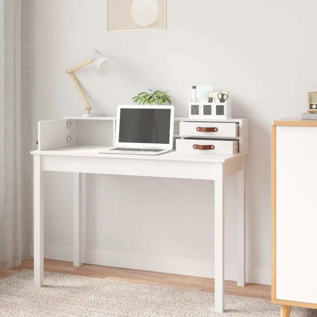 Office Desk Study Computer Table Compact Storage White Solid Pine Wood