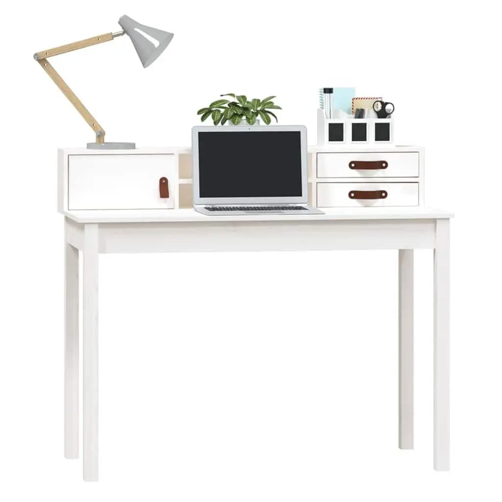 Office Desk Study Computer Table Compact Storage White Solid Pine Wood