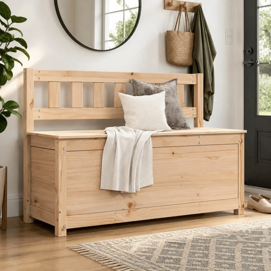 Storage Bench with Backrest in Solid Pine Wood