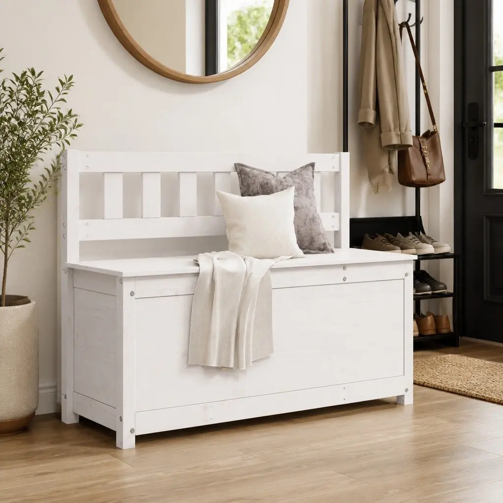 Wooden Bench Storage Box Backrest 110x41x76.5cm White