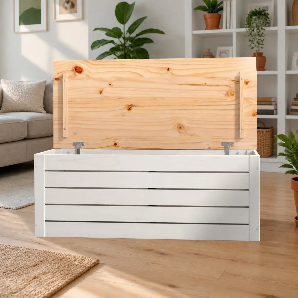 Storage Box Organiser White 89x36.5x33 cm Solid Pine Wood Chest Lid