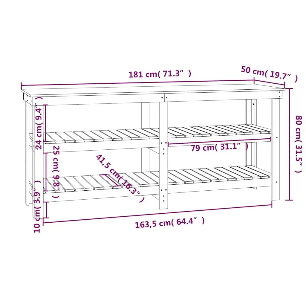 Work Bench Solid Wood Pine 181x50x80 cm Storage Shelves Brown