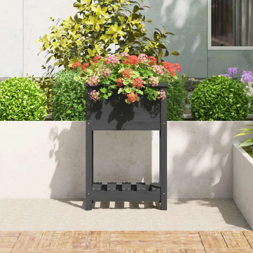 Wooden Planter Raised Garden Flower Box with Shelf Grey Solid Pine 54 x 34.5 x 81 cm