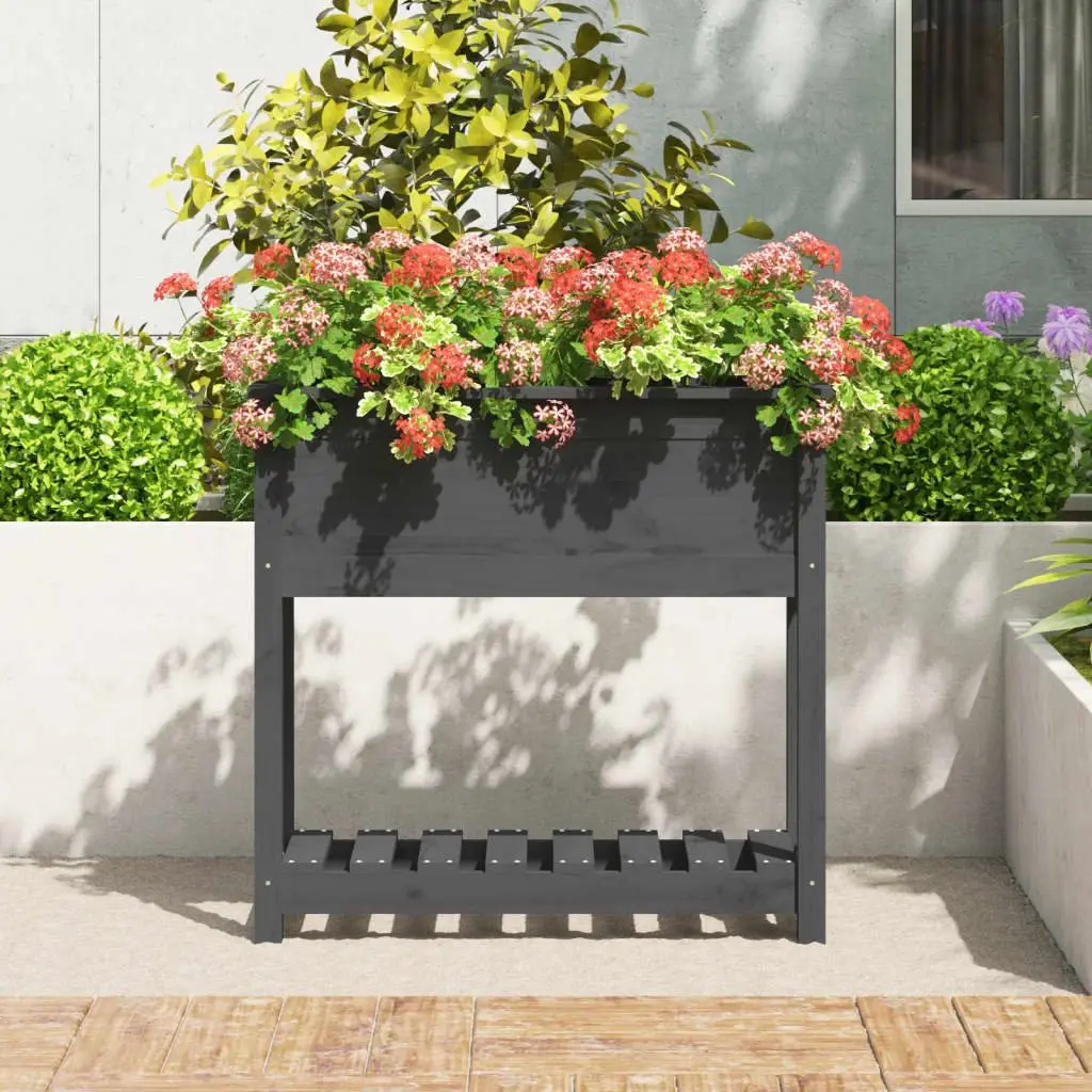 Wooden Garden Planter Raised Bed Flower Box with Shelf Storage Grey Solid Pine 82.5 x 34.5 x 81 cm