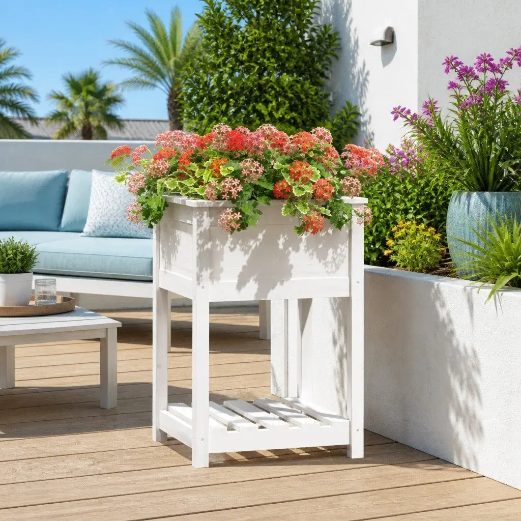 Raised Garden Planter White Solid Pine Wood 54x54x81cm with Shelf for Flowers and Vegetables