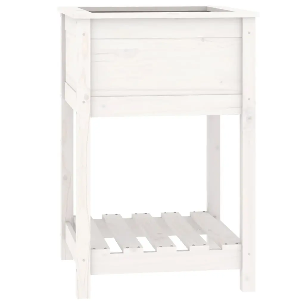 Raised Garden Planter White Solid Pine Wood 54x54x81cm with Shelf for Flowers and Vegetables