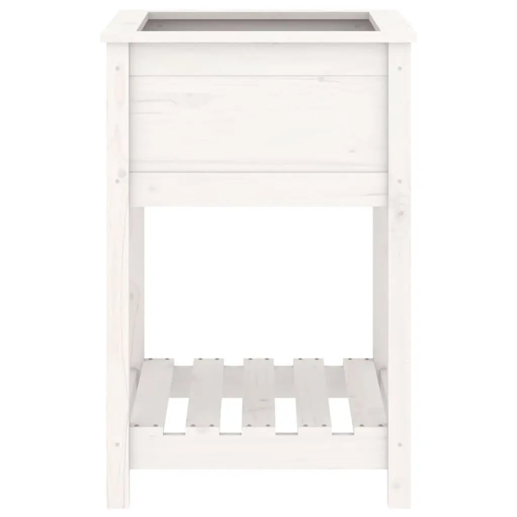 Raised Garden Planter White Solid Pine Wood 54x54x81cm with Shelf for Flowers and Vegetables