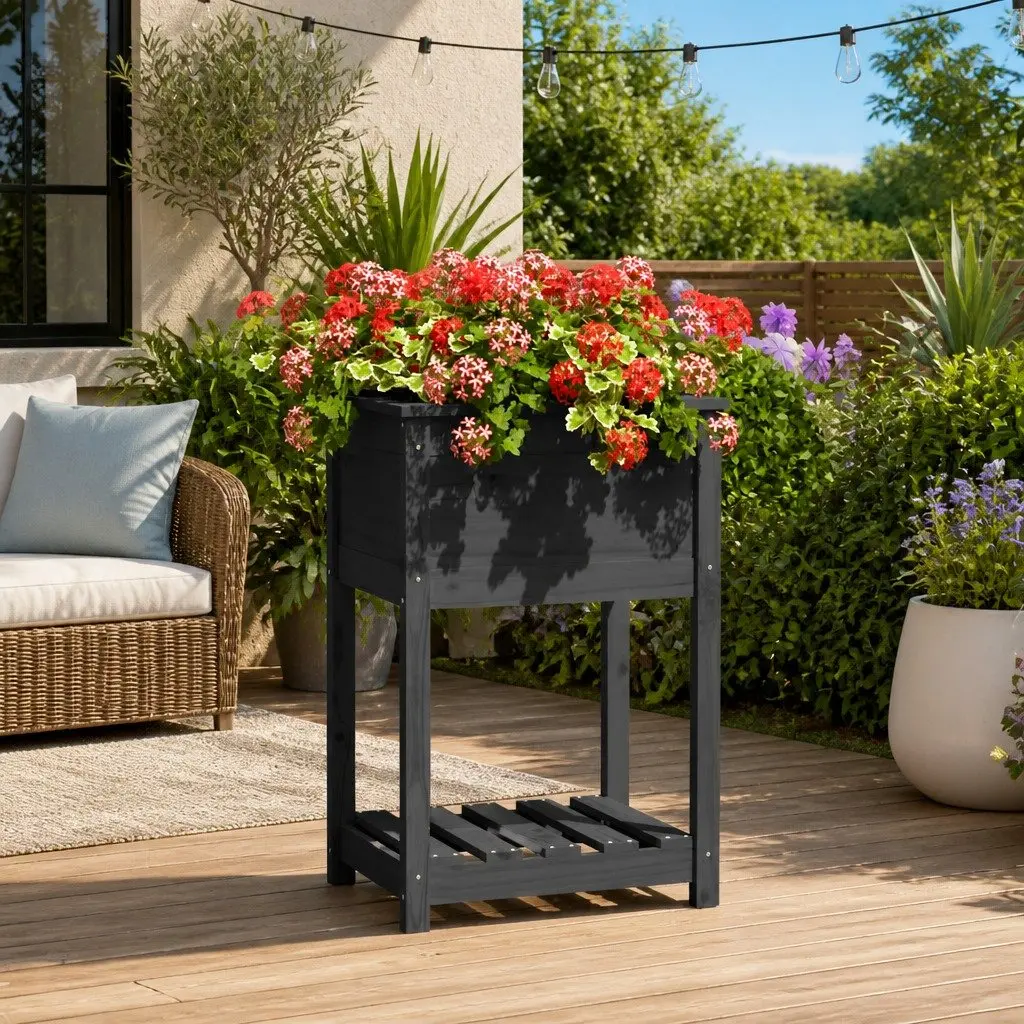 Grey Solid Pine Raised Bed Planter with Shelf for Garden Flower Pots 54x54x81cm