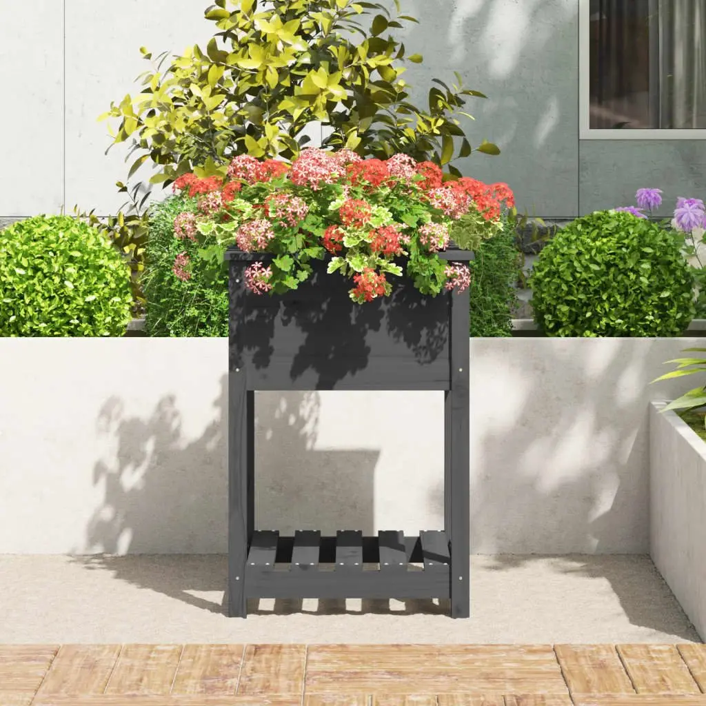 Grey Solid Pine Raised Bed Planter with Shelf for Garden Flower Pots 54x54x81cm