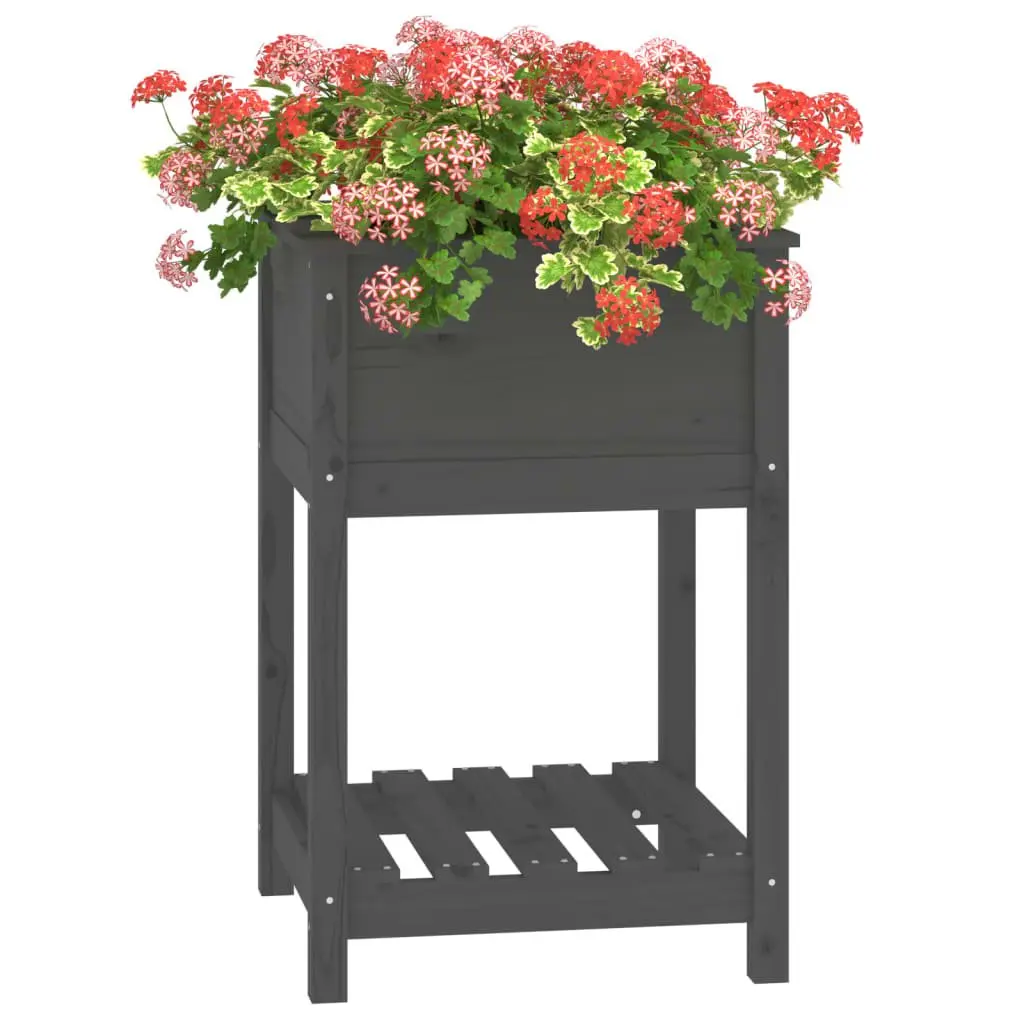 Grey Solid Pine Raised Bed Planter with Shelf for Garden Flower Pots 54x54x81cm