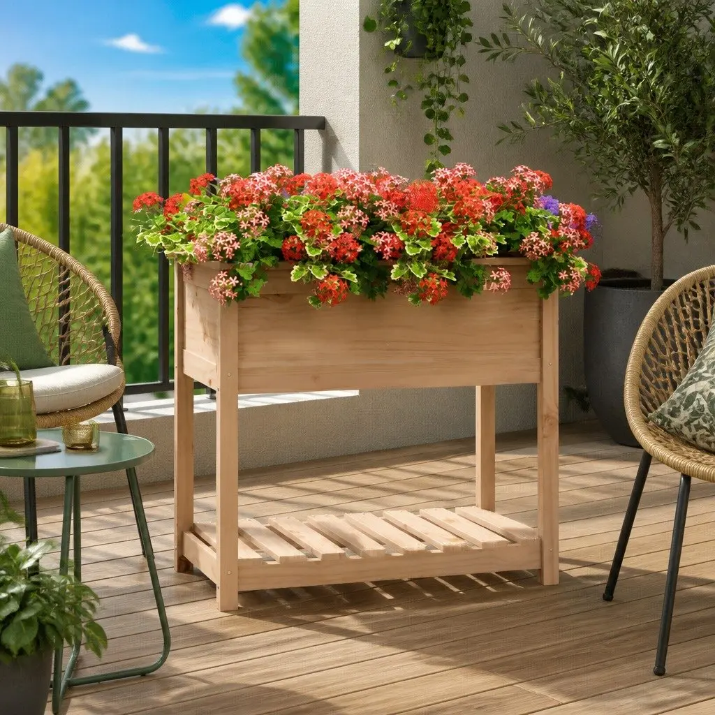 Raised Wooden Planter with Shelf for Growing Vegetables Herbs Flowers 82.5x54x81 cm Brown