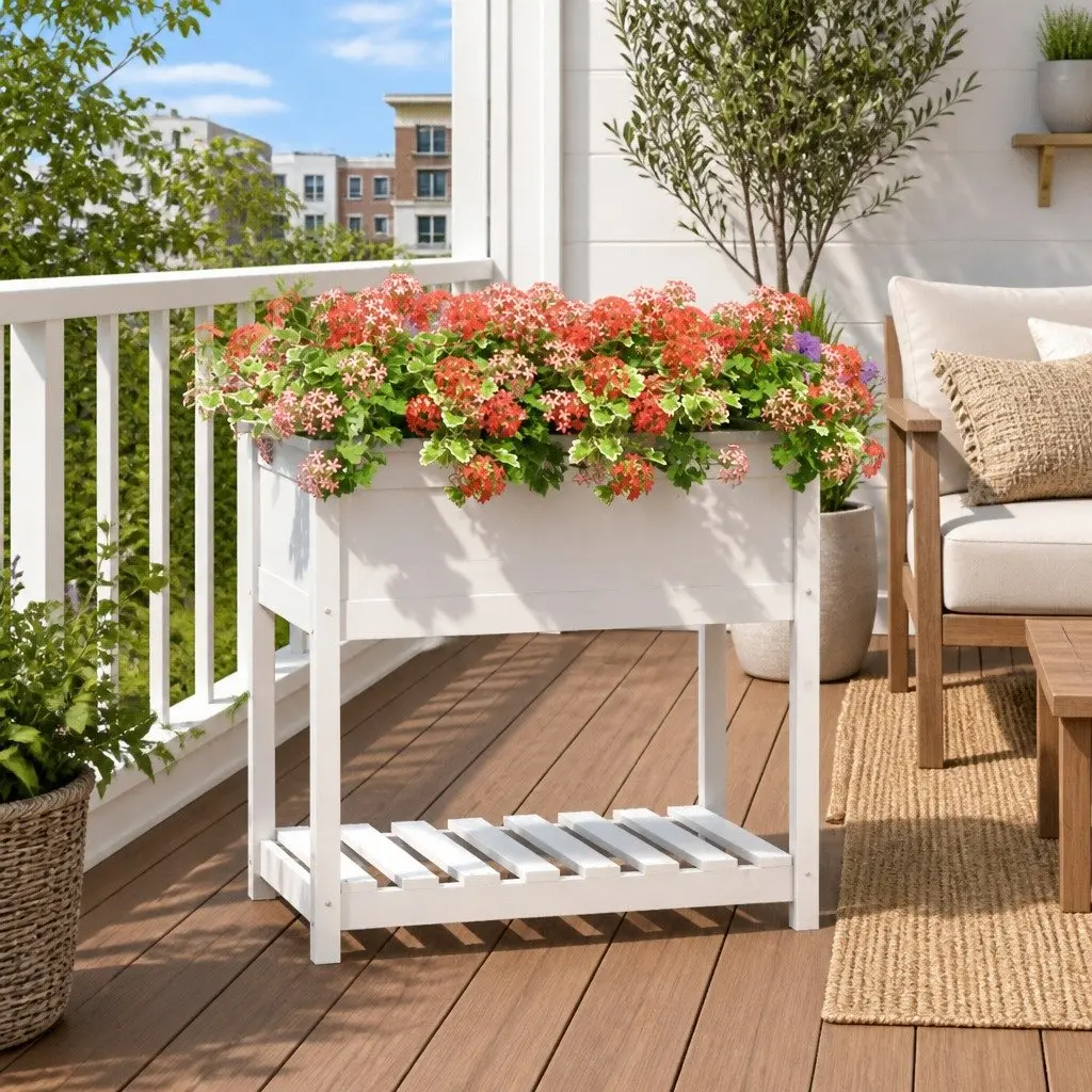 Wooden Planter Raised Bed Flower Box with Shelf 82.5 x 54 x 81 cm White