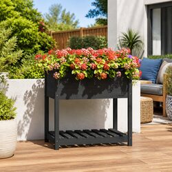 Grey Wooden Planter Box with Shelf: Practical Gardening Solution
