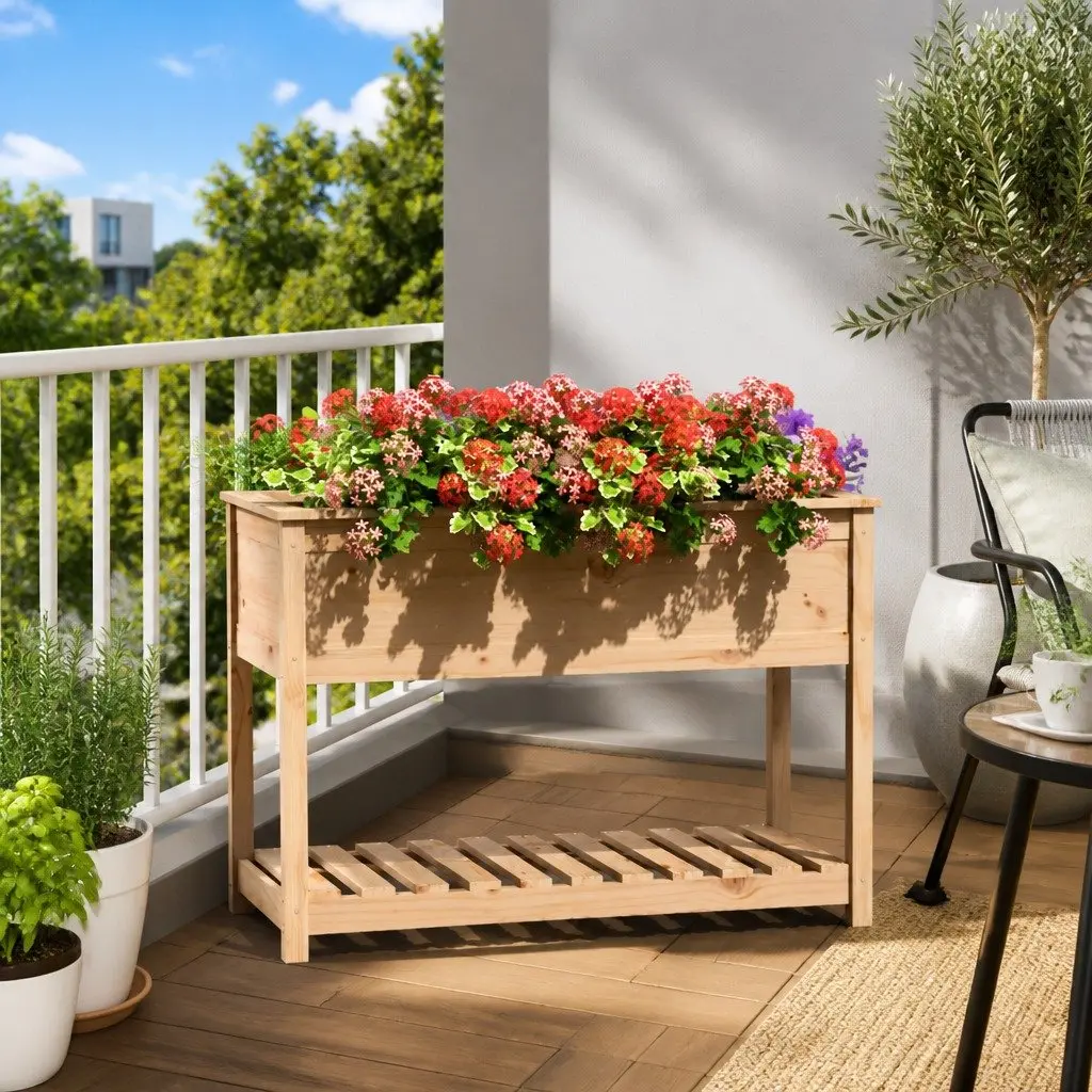 Wooden Planter Raised Bed Garden Pot with Shelf Solid Pine Brown 111.5 x 54 x 81 cm