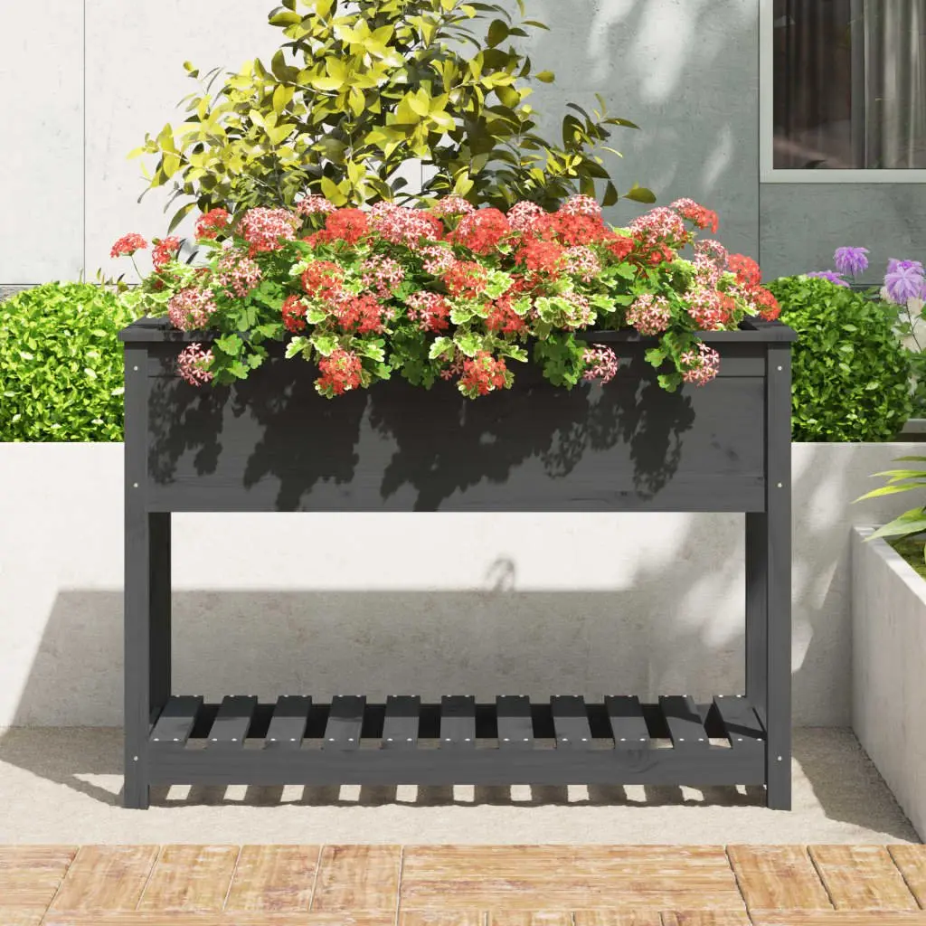 Wooden Garden Planter Raised Flower Box with Shelf Storage Grey 111.5cm W x 54cm D x 81cm H