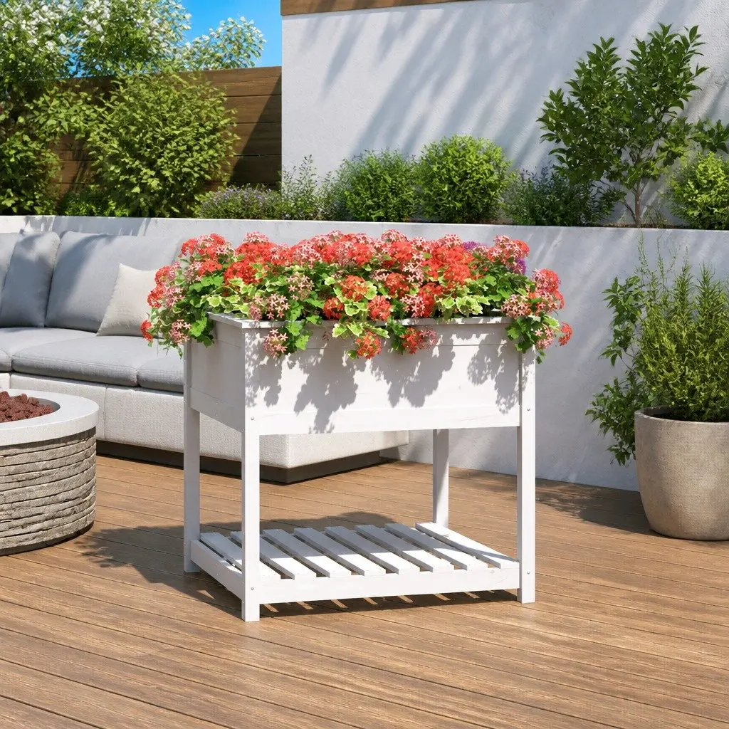 Wooden Planter Raised Garden Flower Box 82.5cm White Solid Pine Wood