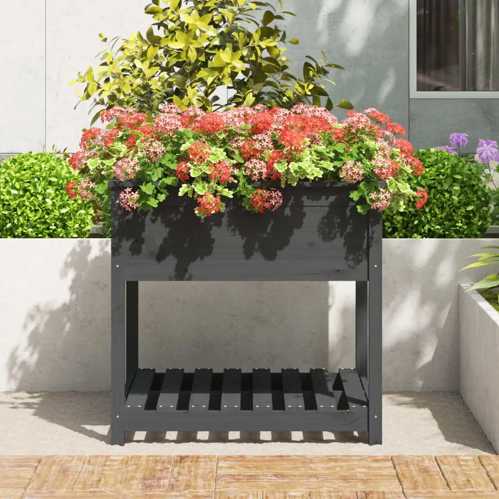 Wooden Planter Grey Raised Flower Box with Shelf 82.5 x 82.5 x 81 cm