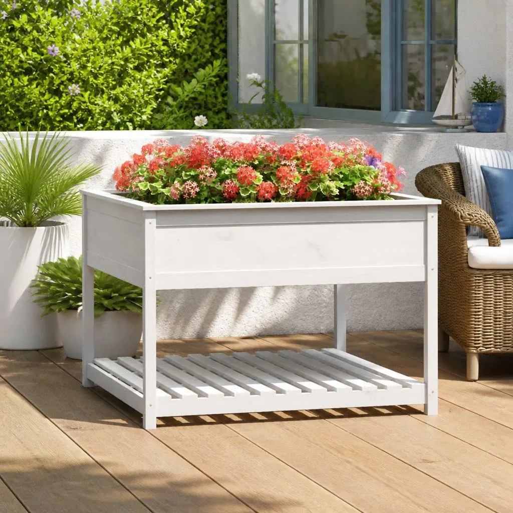 Wooden Planter Raised Garden Flower Box with Shelf 111.5 x 111.5 x 81 cm White