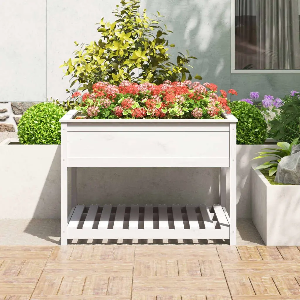 Wooden Planter Raised Garden Flower Box with Shelf 111.5 x 111.5 x 81 cm White