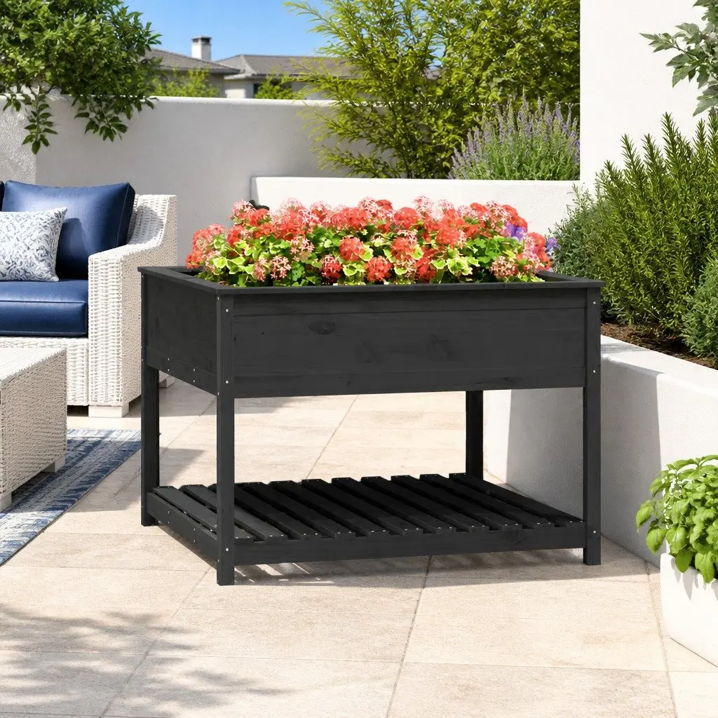 Wooden Planter Raised Flower Box with Shelf Storage Grey 1115 x 1115 x 810 mm