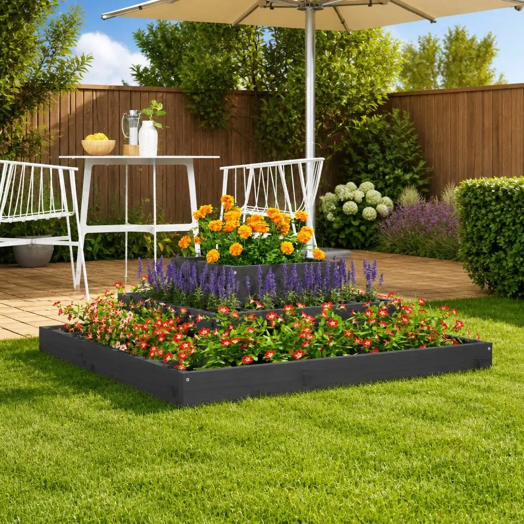 Wooden Planter Box 80x80x27 cm Grey 3-Tier Raised Garden Flower Pot