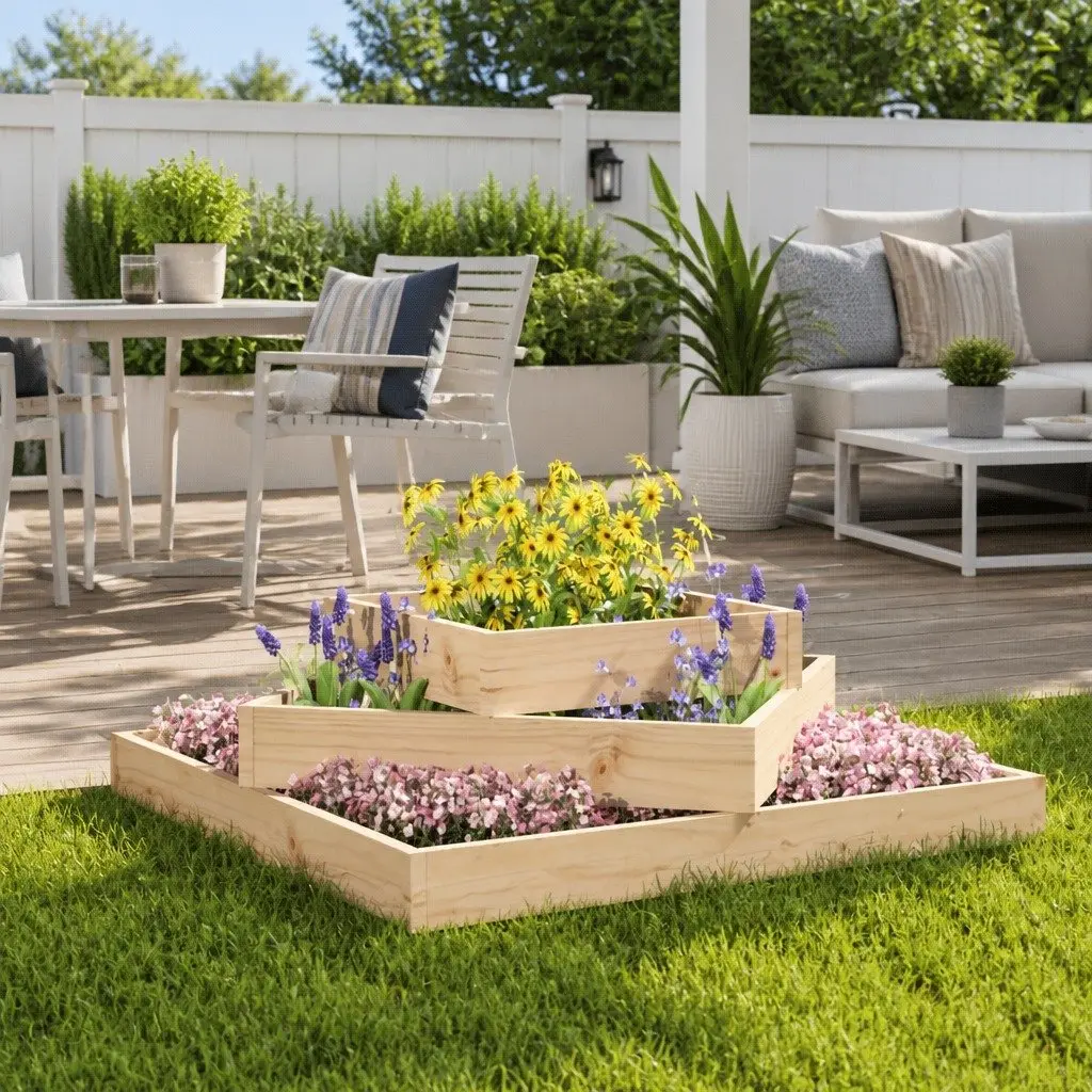 Wooden Planter Box 83x83x27cm 3-Tier Raised Garden Bed Brown