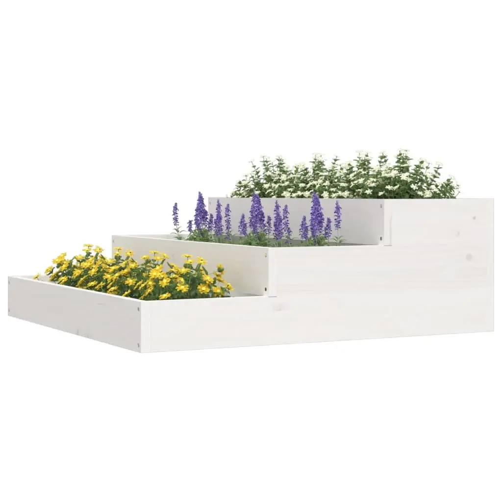 Wooden Planter Box White 78x78x27cm Raised Garden Bed Stair Step Design