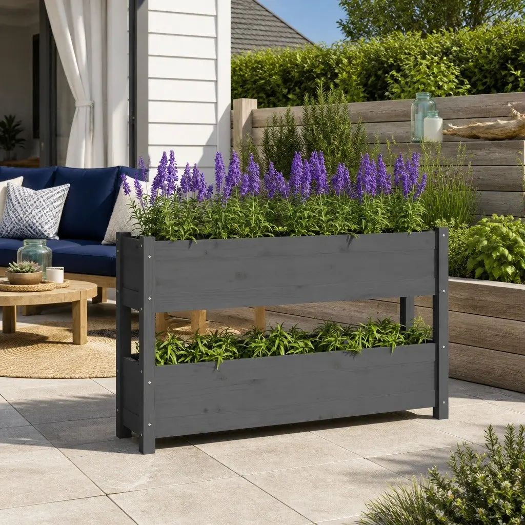 Wooden Planter Box Grey 112x25x66 cm Raised Bed Garden Flower Vegetables Herbs
