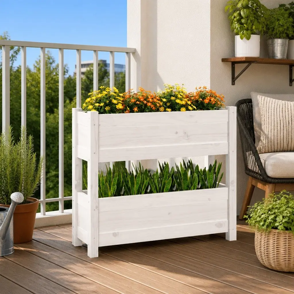 Wooden Planter Twin Flower Boxes Garden Patio 77x25x66 cm White