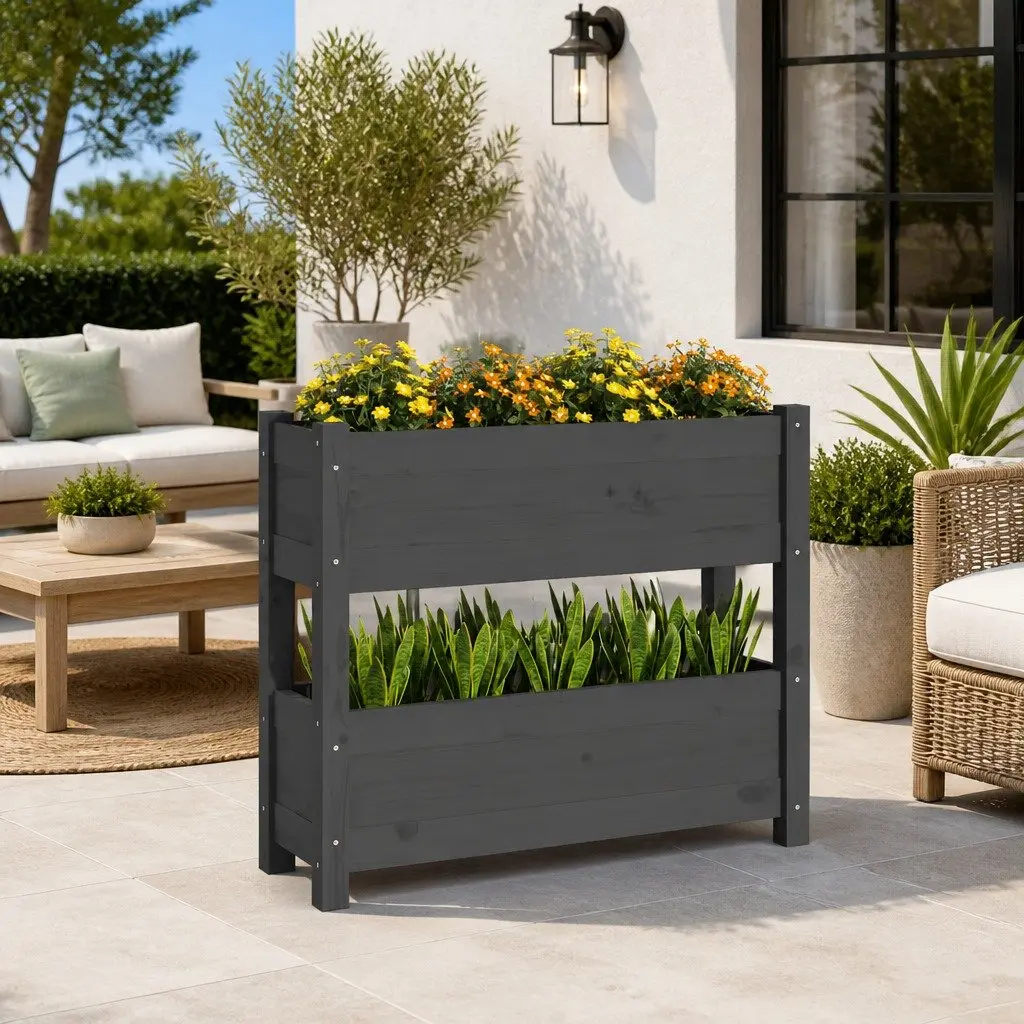 Wooden Planter Flower Boxes Garden Raised Bed 2 Grey Pine