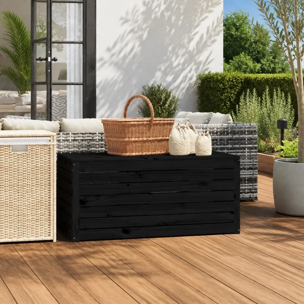 Garden Storage Box Black Solid Wood Pine Outdoor Tool and Cushion Organizer with Lid
