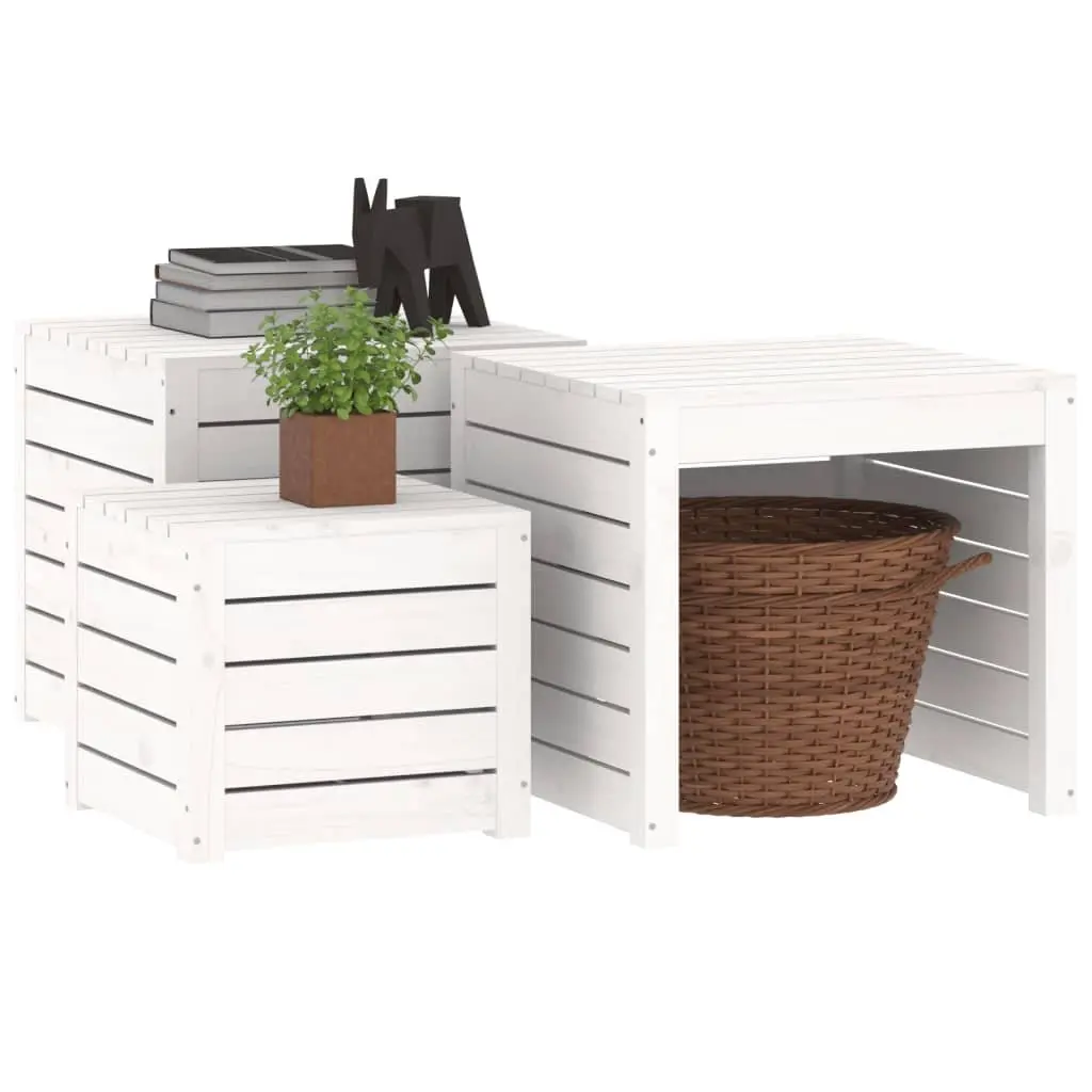 3 Piece Garden Storage Box Set White Solid Pine Wood Outdoor Patio Furniture