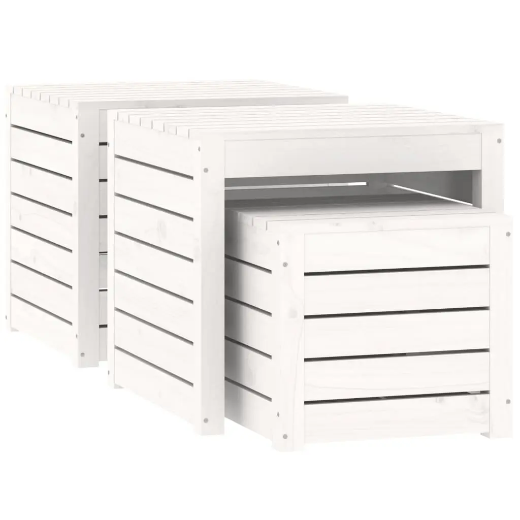 3 Piece Garden Storage Box Set White Solid Pine Wood Outdoor Patio Furniture