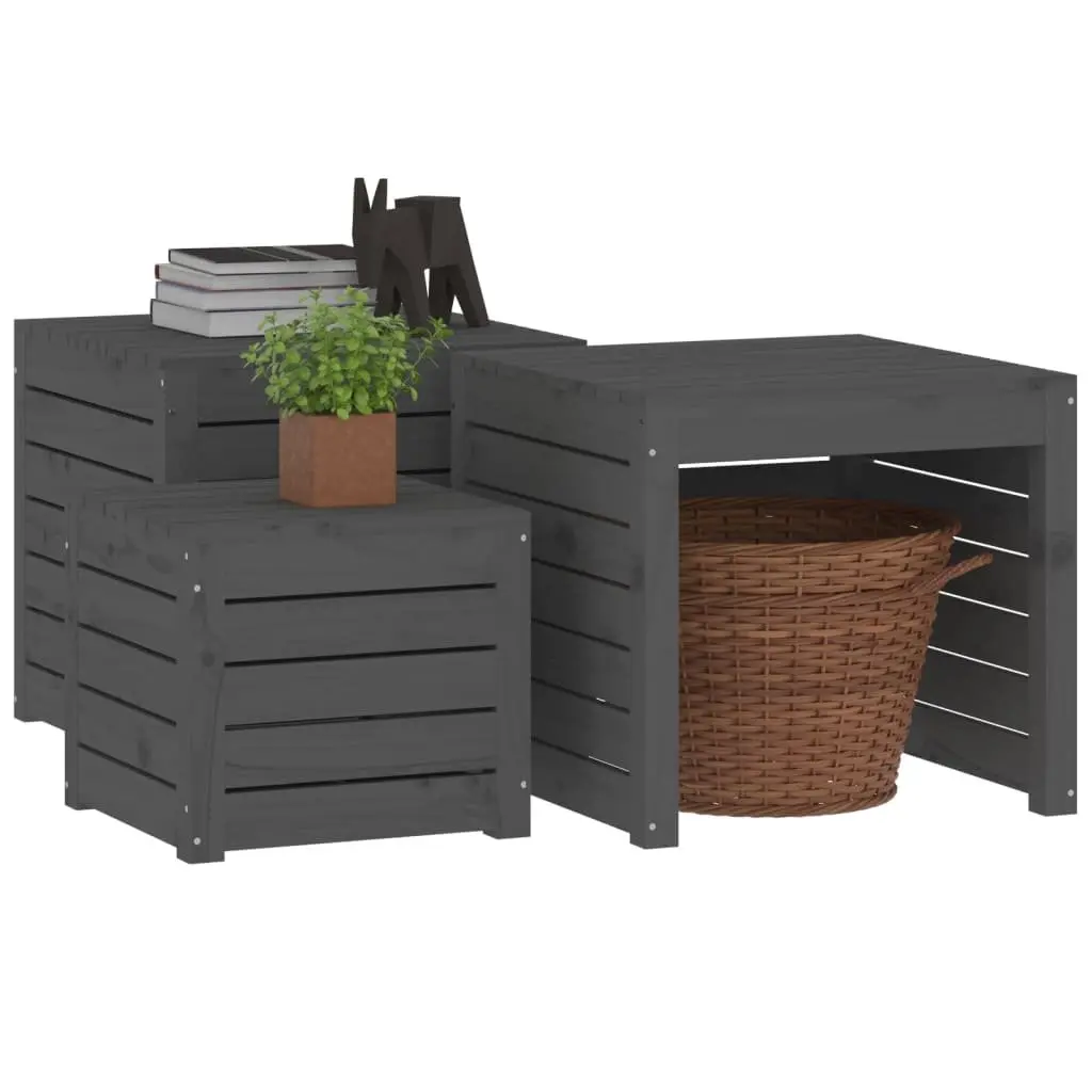 Outdoor Furniture Storage Box Set 3 Piece Grey Solid Pine Wood Garden Organizers