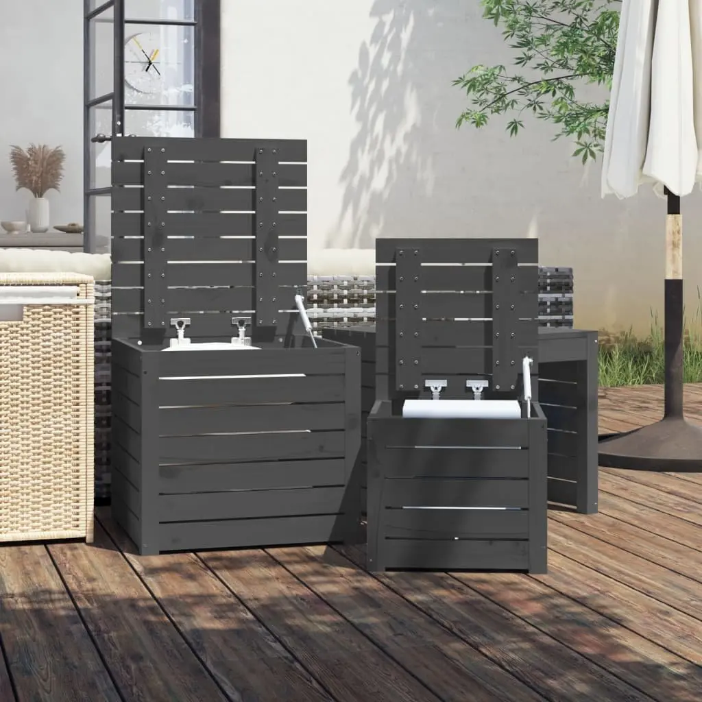 Outdoor Furniture Storage Box Set 3 Piece Grey Solid Pine Wood Garden Organizers
