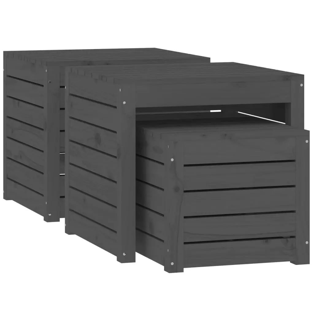 Outdoor Furniture Storage Box Set 3 Piece Grey Solid Pine Wood Garden Organizers