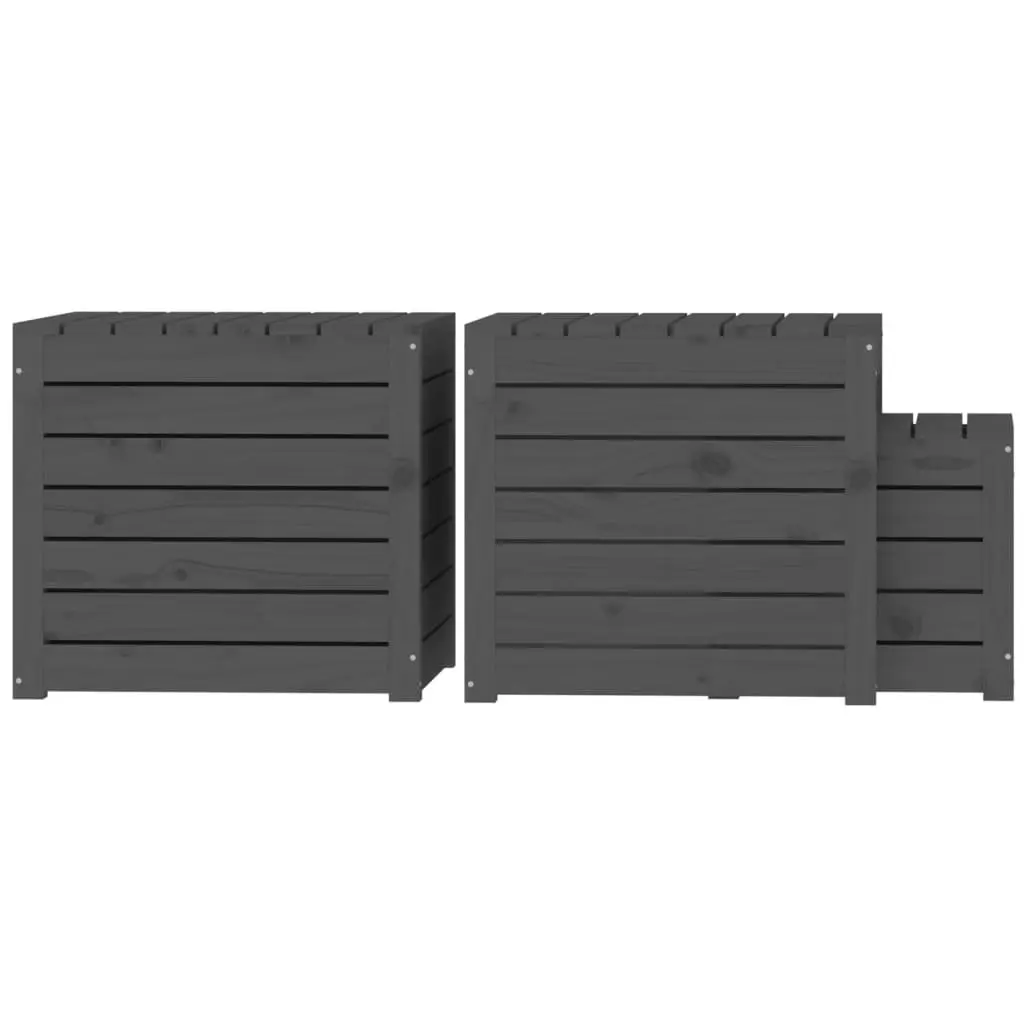 Outdoor Furniture Storage Box Set 3 Piece Grey Solid Pine Wood Garden Organizers