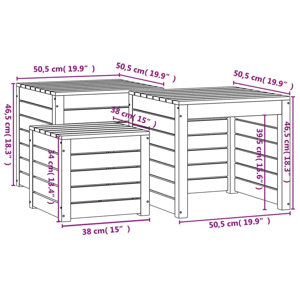Outdoor Furniture Storage Box Set 3 Piece Grey Solid Pine Wood Garden Organizers